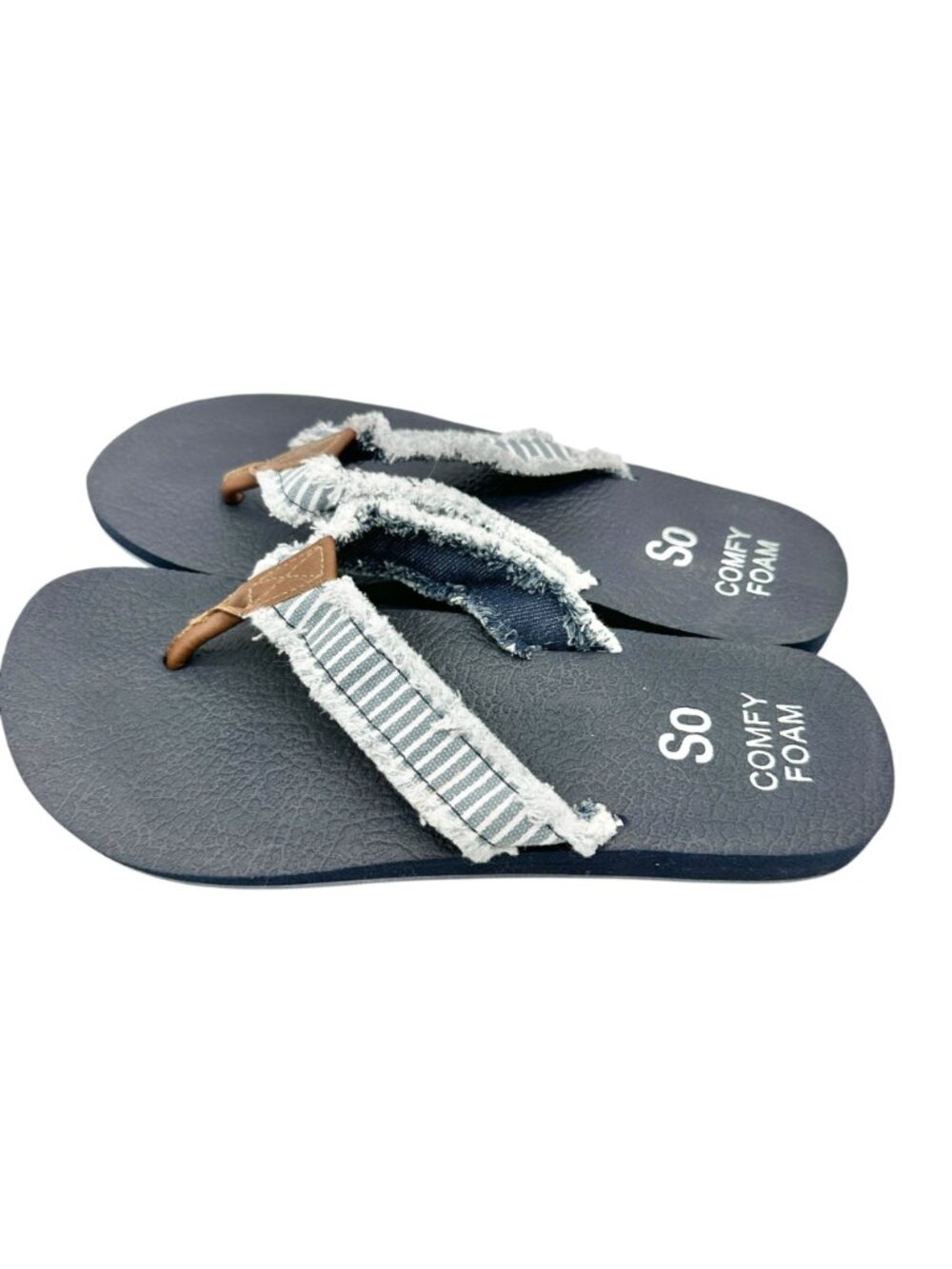 So Comfy Foam Womens Denim Flip-Flops Size 10 Striped Straps Faux Leather Accent - Picture 3 of 6